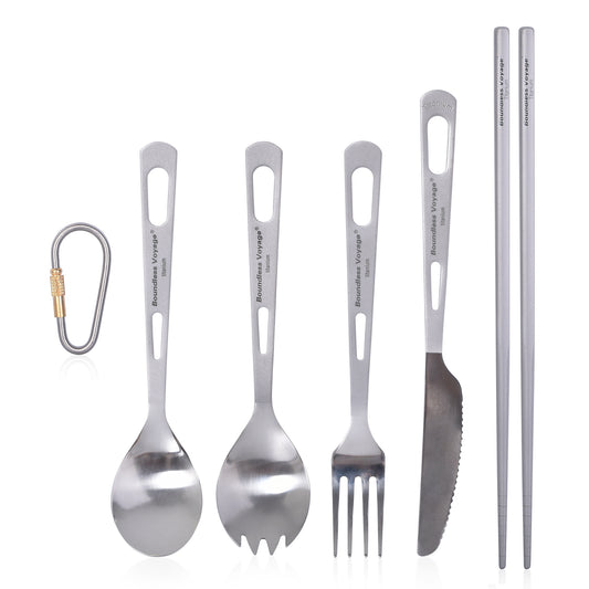 Boundless Voyage Pure Titanium 5-Piece Cutlery Set Spork Spoon Fork Knife Chopsticks Ultralight One-Piece for Camping Hiking Office School Home Ti1053T/Ti1054T
