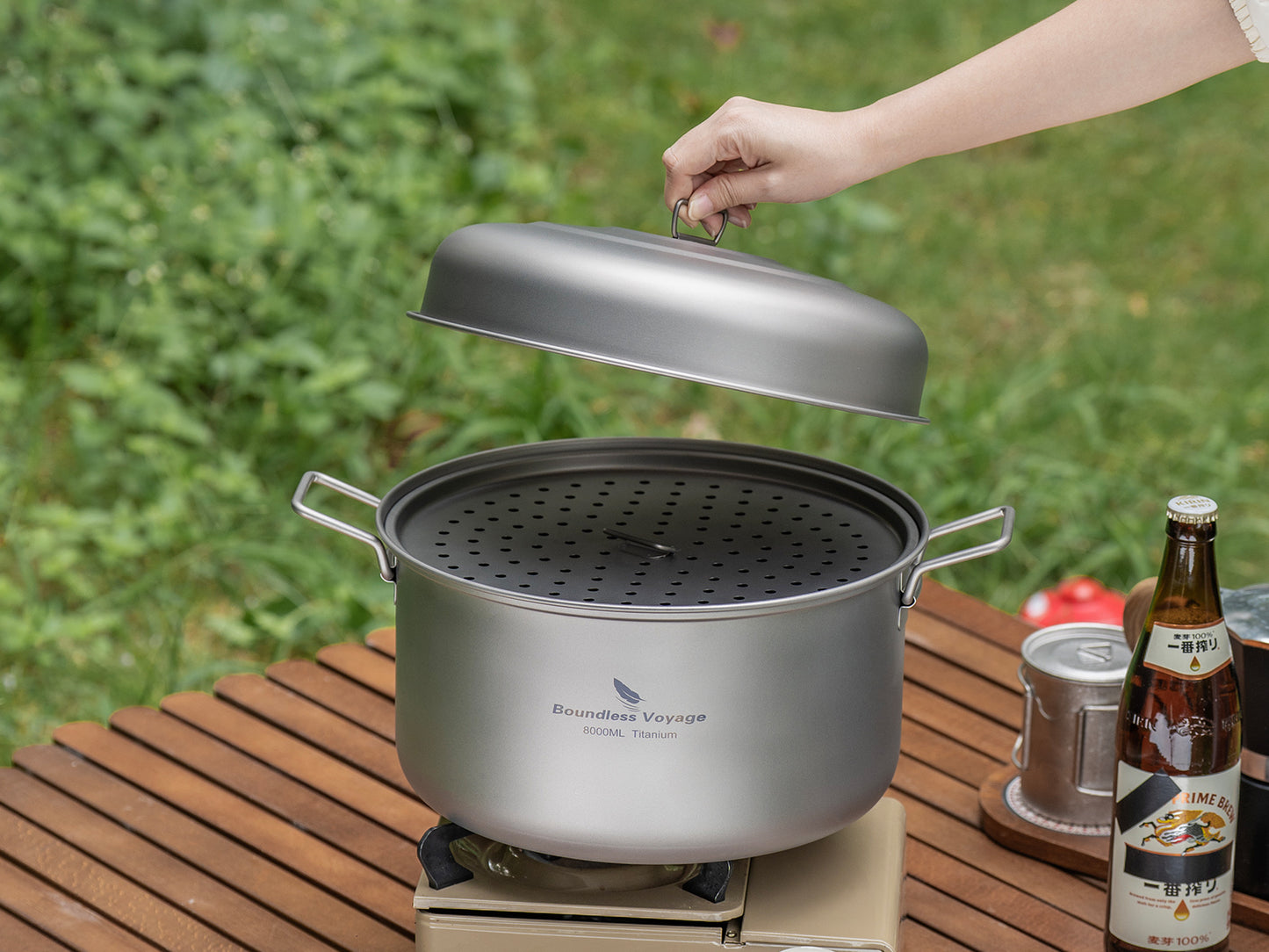 Boundless Voyage Titanium Steamer & Soup Hanging Pot, Lightweight Portable Cookware Kit for Outdoor Camping Hiking Picnic Travel & Household Kitchen Ti2115C