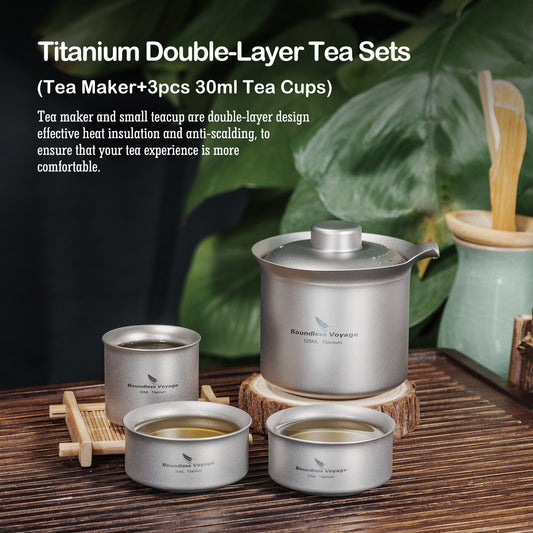 Boundless Voyage Titanium Double-Layer Tea Maker Set, Comes with 3Pcs 30ml Mini Tea Cups, Ultralight Portable Complete Tea Set for Outdoor Camping Travel Tea Brewing Ti3149D