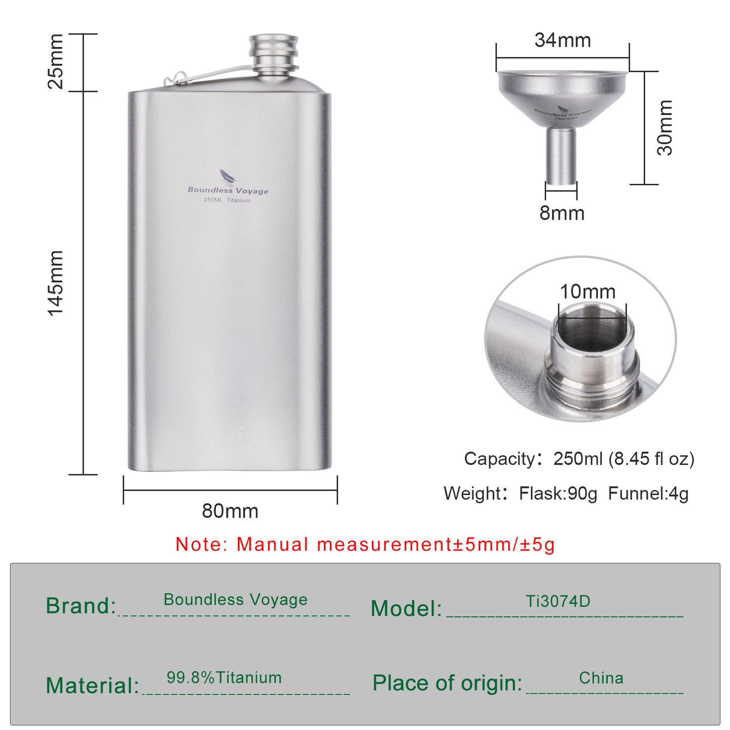 Boundless Voyage 250ml Titanium Hip Flask Ultralight Durable Camping Flask Bottle for Whiskey Vodka Wine Outdoor Travel Equipment Ti3074D