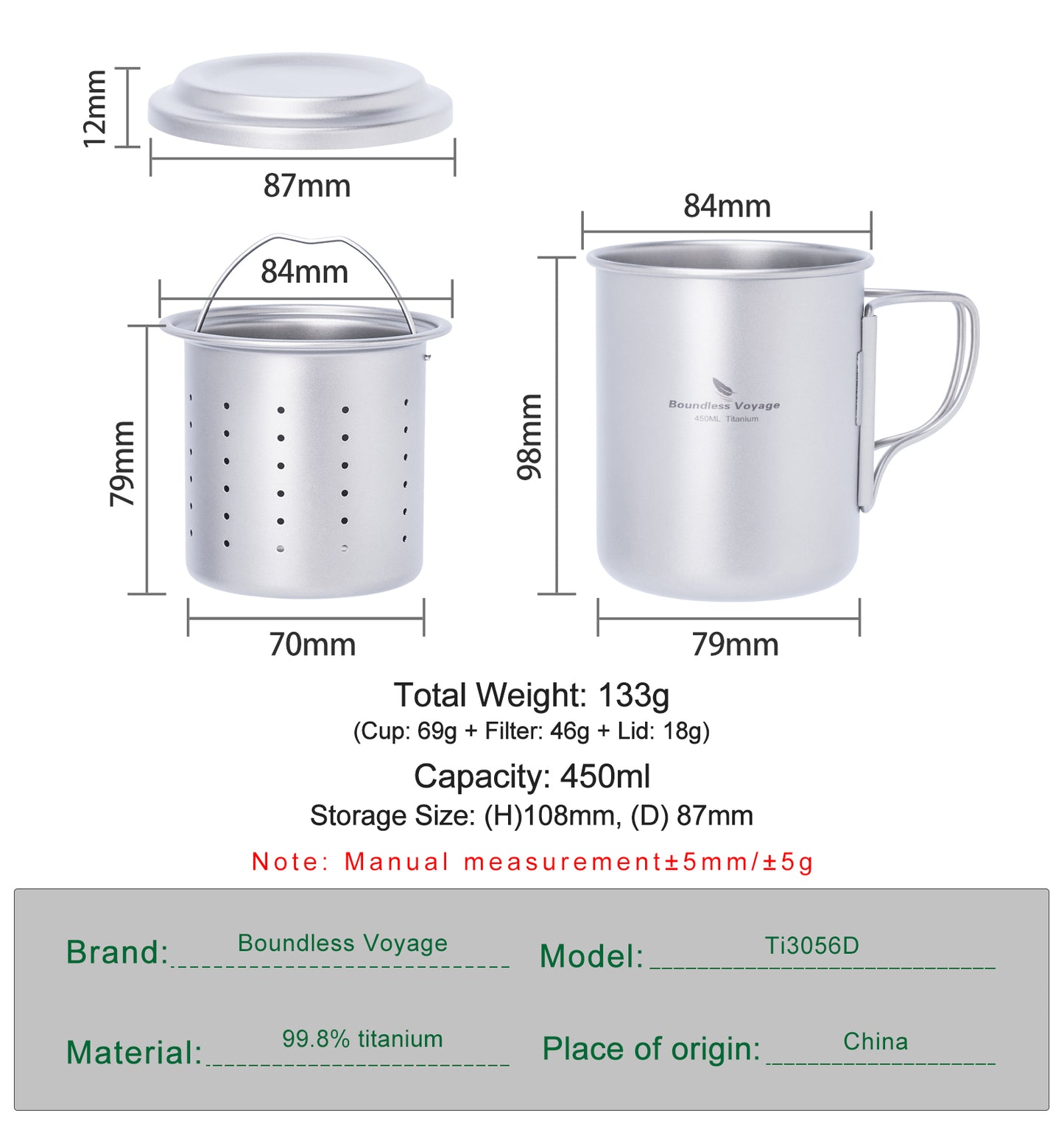 Boundless Voyage 450ml Titanium Cup with Filter Folding Handles Outdoor Camping Tea Coffee Mug 15.2 fl oz Portable Lightweight Tea Maker Ti3056D