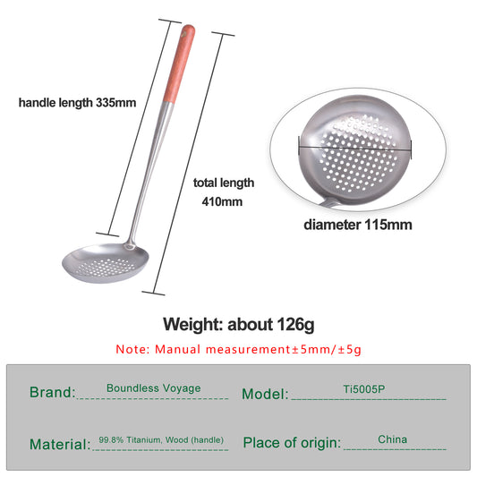 Boundless Voyage Pure Titanium Skimmer Spoon, Lightweight Strainer Colander Ladle with Wooden Handle, Durable Kitchen Cooking Tool for Home & Outdoor Ti5005P