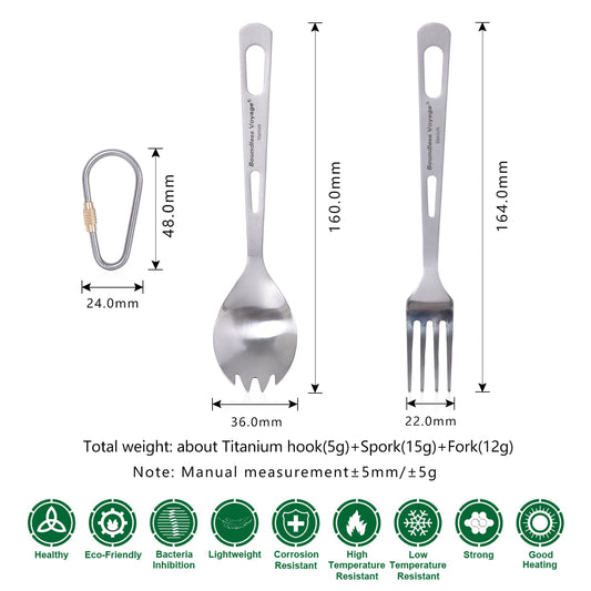 Boundless Voyage 2‑Pcs Titanium Spork and Fork Set with Polished Heads & Matte‑Finished Handles, Ideal for Salad, Noodles, Curry, Portable Cutlery Kit for Outdoor Travel, Office, School and Household Use Ti1045T
