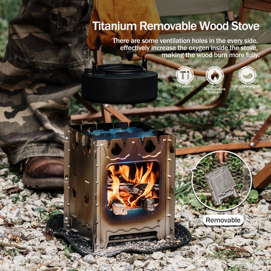 Boundless Voyage Detachable Titanium Wood Stove | Ultralight Thickened Charcoal Burner with Removable Pot Holder, Portable Outdoor Camping Furnace Ti2008C