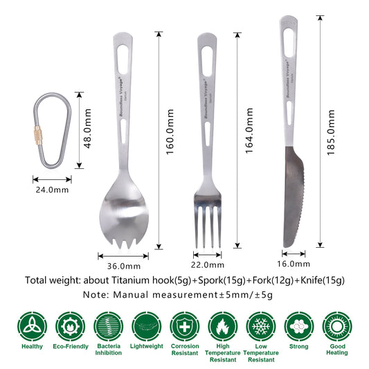 Boundless Voyage 3‑Pcs Titanium Cutlery Set of Spork, Fork and Dinner Knife , Ideal for Steak, Salad, Noodles and Curry, Portable Tableware Kit for Outdoor Travel, Office, School and Household Use Ti1050T