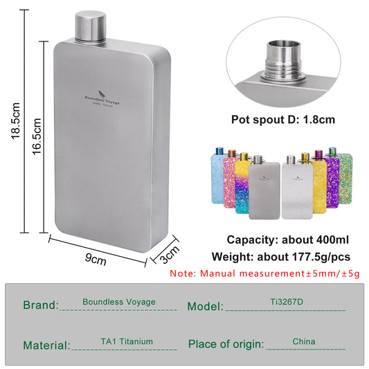 Boundless Voyage Titanium Flask 400ml, Camping & Travel Metal Liquor Bottle, Ultra-Light Square Design, Gift for Men & Outdoor Enthusiasts