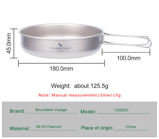 Boundless Voyage 18cm Pure Titanium Frying Pan with Foldable Handle, Ultralight Outdoor Camping Skillet for Solo Hiking & Picnic Ti2063C