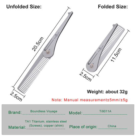 Boundless Voyage Titanium Foldable Comb, Ultralight Compact Folding Pocket Hair Comb for Outdoor Camping, Travel, Hiking and Daily‑Carry Ti9011A