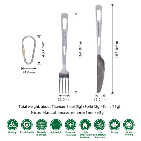 Boundless Voyage 2-Pcs Titanium Fork & Dinner Knife Set, Polished Heads, Matte Handles, Portable Cutlery for Travel, Office & Home Ti1047T