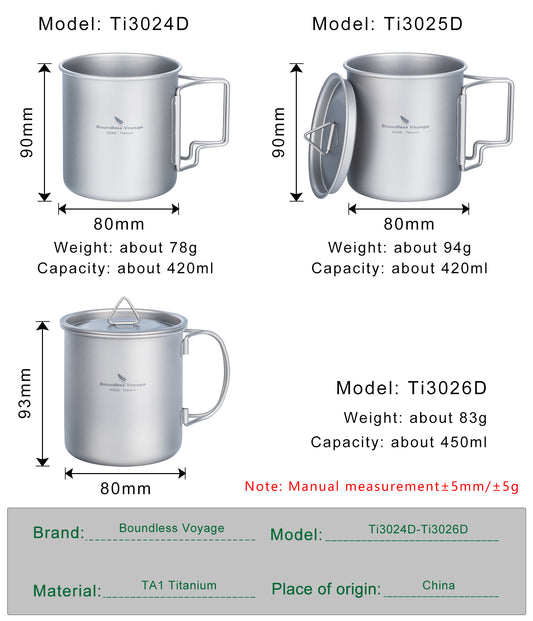 Boundless Voyage Titanium Cup with Foldable Handle Outdoor Camping Water Mug Tableware Titanium Coffee Mug Titanium Pots 420ml/450ml Ti3024D-Ti3026D