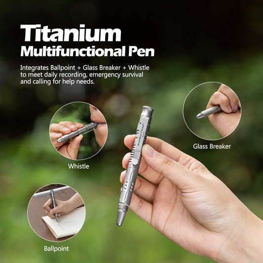 Boundless Voyage Titanium 3-in-1 Multifunctional Pen, Outdoor Whistle + Car Window Breaker + Self-Defense Survival Tool, EDC Gear, Ti9025O