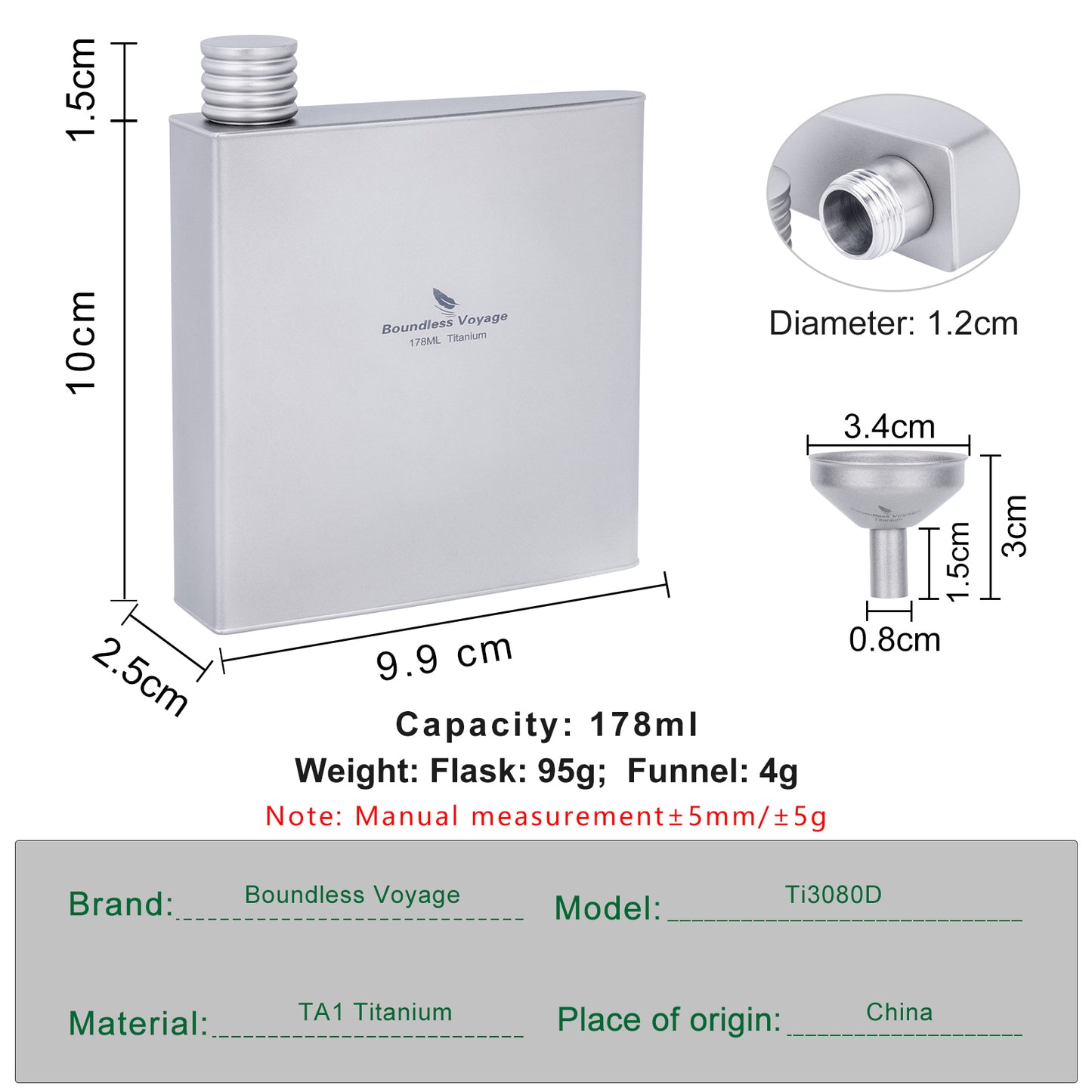 Boundless Voyage Titanium Flask 178ml- Ultralight & Durable Camping Essential - Flavor-Resistant Flask Bottle for Whiskey Vodka Wine Outdoor Travel Equipmen Ti3080D