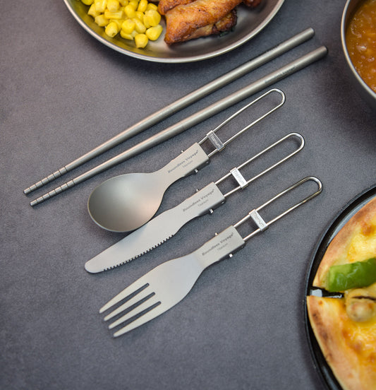 Boundless Voyage 4-Pcs Titanium Folding Cutlery Set Foldable Knife Fork Spoon Chopsticks Ultralight Portable Tableware Camping Hiking Picnic Daily Use Ti1123T