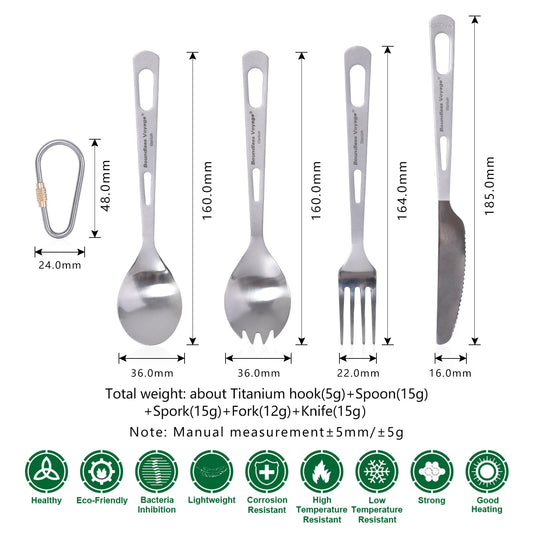 Boundless Voyage 4‑Pcs Titanium Cutlery Set Including Spork, Spoon, Fork and Dinner Knife, Ideal for Steak, Salad, Noodles and Curry, Portable Tableware Kit for Outdoor Travel, Office, School and Household Use Ti1052T