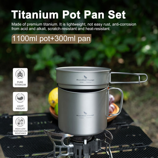 Boundless Voyage Juego de olla y sartén ultraligeras de titanio, olla de 1100 ml + sartén de 300 ml con asa plegable, kit de cocina portátil para camping, senderismo, picnic Ti2053C