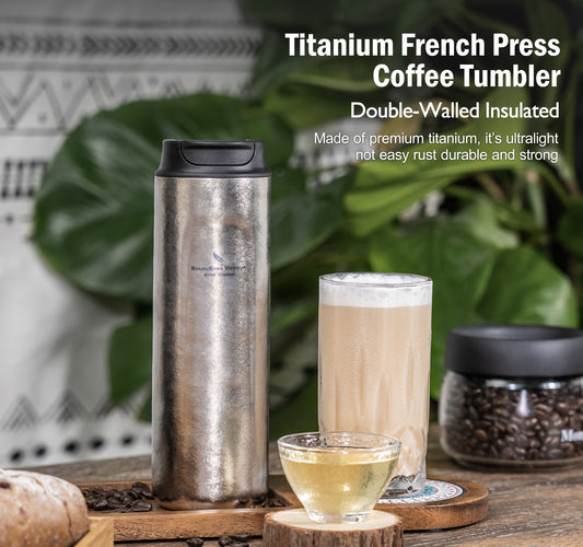 Boundless Voyage 450ml Double-Walled Insulated Titanium French Press Coffee Tumbler with Lid, Portable Filter Coffee Mug for Travel Daily Use Ti3255D