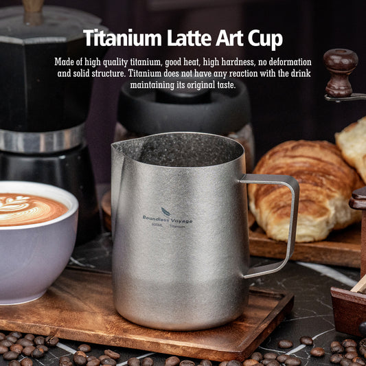 Boundless Voyage 600ml Pure Titanium Milk Frothing Pitcher, Espresso Steam Jug with Round Spout, Barista Latte Art Coffee Cup Ti3239D