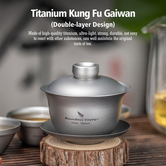Boundless Voyage 100ml Sandblasted Finish Titanium Double-Walled Teapot, Traditional Chinese Three-Talent Triad Covered Tea Bowl Kung Fu Gaiwan, Anti-Scald Kung Fu Tea Set for Home Tea Brewing Ti3143D