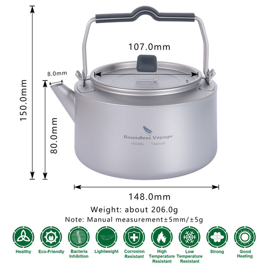 Boundless Voyage 1L Pure Titanium Camping Kettle | Ultralight Coffee Teapot with Foldable Handle & Tea Filter for Boiling Water, Coffee & Tea Ti3098D