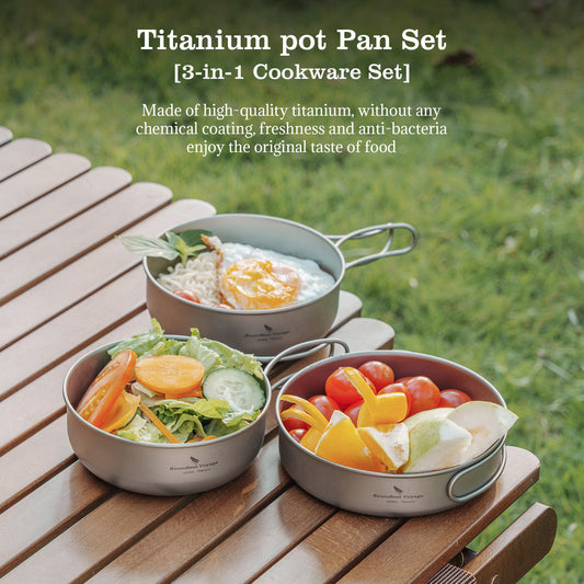 Boundless Voyage 3Pcs Pure Titanium Cookware Set, Ultralight Outdoor Camping Bowl & Frying Pan Mess Kit 500ml/550ml/650ml for Picnic Backpacking Ti2031C