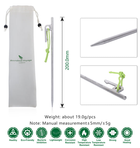 Boundless Voyage 20cm Pure Titanium Tent Stakes 6Pcs | Ultralight Heavy Duty Tent Pegs for Hard Soil, Snowfield & Grassland, Multi-Purpose Accessories for Camping, Hiking, Climbing & Garden Plant Support Ti4014P