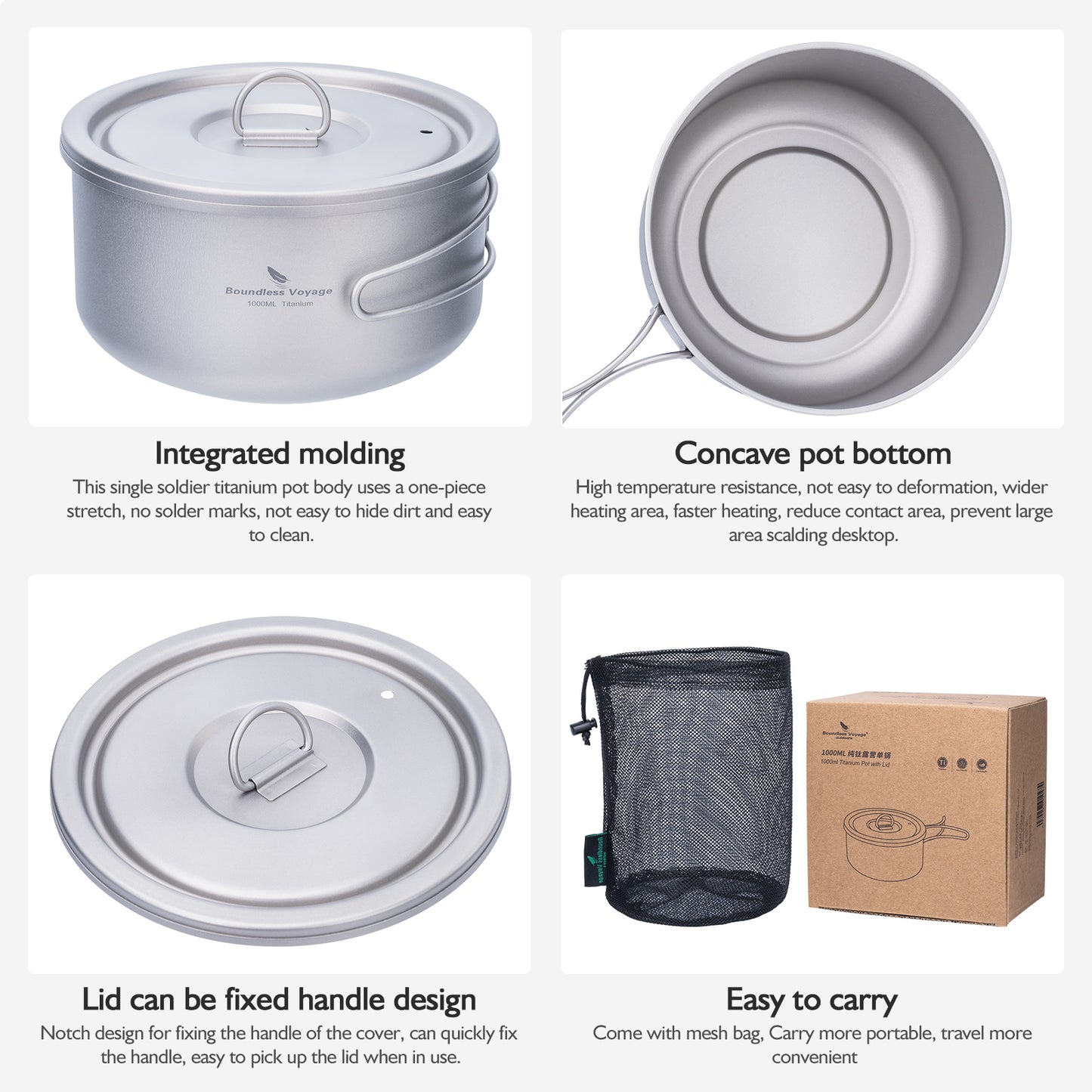 Boundless Voyage Titanium Pot with Lid Outdoor Camping Individual Soldier Pot Single Layer Lunch Box Ti2041C