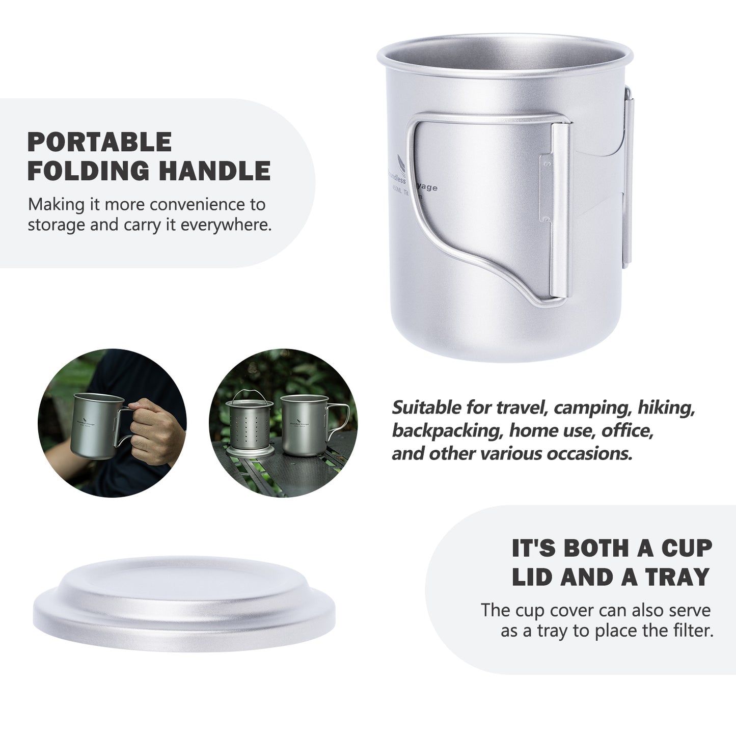 Boundless Voyage 450ml Titanium Cup with Filter Folding Handles Outdoor Camping Tea Coffee Mug 15.2 fl oz Portable Lightweight Tea Maker Ti3056D
