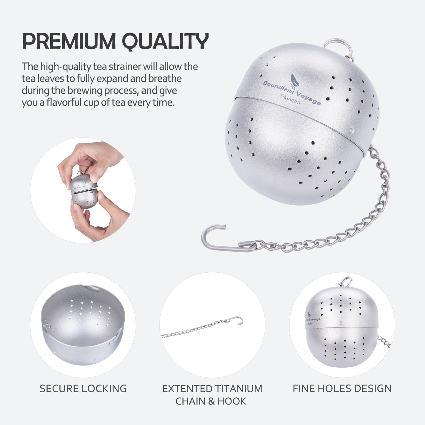 Boundless Voyage Titanium Tea Ball infuser for Loose Tea Spices with Extended Chain Lightweight Tea Bag Filter Mesh Tea Strainer Mug Teapot Home Kitchen Tools Teaware Ti3207D