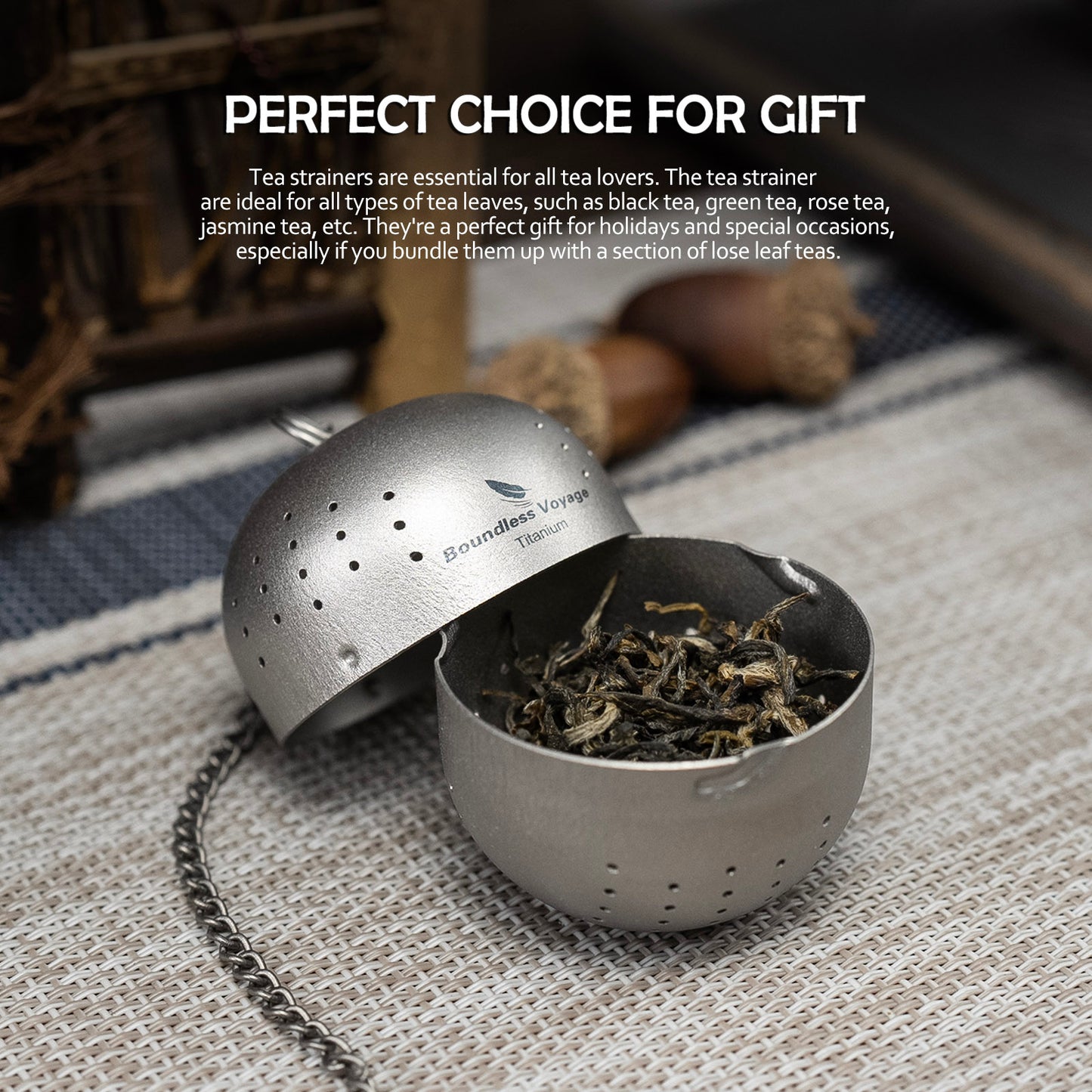 Boundless Voyage Titanium Tea Ball infuser for Loose Tea Spices with Extended Chain Lightweight Tea Bag Filter Mesh Tea Strainer Mug Teapot Home Kitchen Tools Teaware Ti3207D