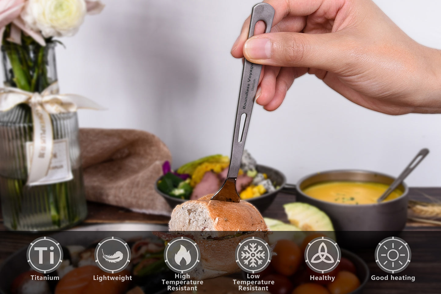 Boundless Voyage Cuchara-Tenedor, Cuchara, Tenedor y Cuchillo de Mesa, Cubiertos de Titanio Ideales para Bistec, Ensalada, Fideos y Curry, Kit de Cubiertos Portátiles para Viajes al Aire Libre, Oficina, Escuela y Uso Doméstico Ti1041T-Ti1044T/Ti1052T