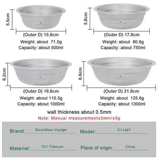 Boundless Voyage Single‑Layer TA1 Pure Titanium Bowl, Sandblasted Open‑Fire Heatable Ultralight Bowl 500ml‑750ml‑1000ml‑1300ml for Rice, Soup, Salad, Camping Travel & Home‑Use Ti1144T-Ti1148T