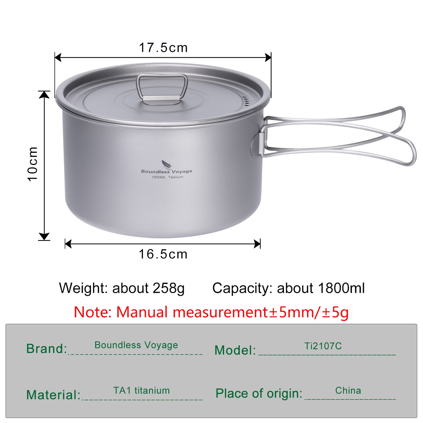 Boundless Voyage Lightweight 1800ml Titanium Pot Outdoor Portable Cooking Set hiking Backpacking Pot for Hiking Trekking Picnic Fishing Mountaineering Ti2107C