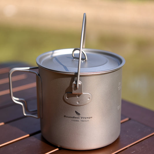 Boundless Voyage 1100ml Titanium Pot with Lid, Foldable Bail Handle Camping Cook Pot for Hiking Backpacking Ti3041D