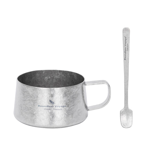 Boundless Voyage Titanium Double Wall Coffee Cup 100ml with Stirring Spoon Mini Tea Mug Espresso Cup Outdoor Camping Travel Ultralight Durable Portable Drinkware Ti3088B+Ti1133T