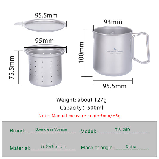 Boundless Voyage 500ml Ultralight Titanium Pot with Lid, Built-in Filter Strainer & Foldable Handles, Camping Mug for Coffee Tea Brewing Hiking Backpacking Ti3125D