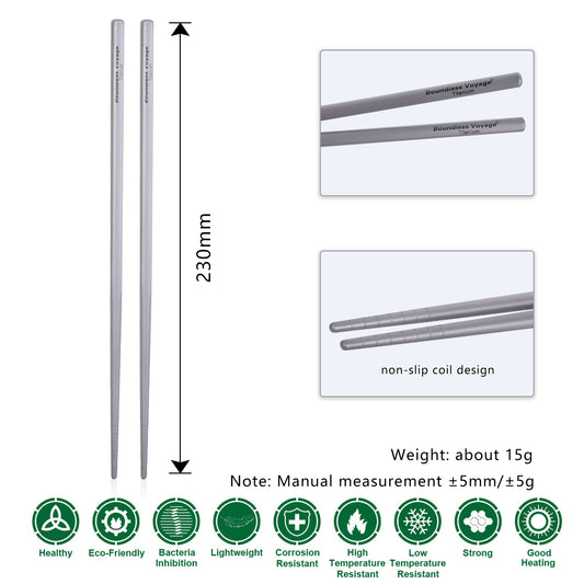 Boundless Voyage 23cm Pure Titanium Square Chopsticks | Ultralight Reusable Cutlery for Home Camping Travel Outdoor Dining Ti1001T