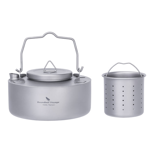 Boundless Voyage 700ml Ultralight Titanium Camping Kettle with Foldable Handle, Single-Layer Open Fire Bushcraft Water Pot Ti3103D / Ti3104D