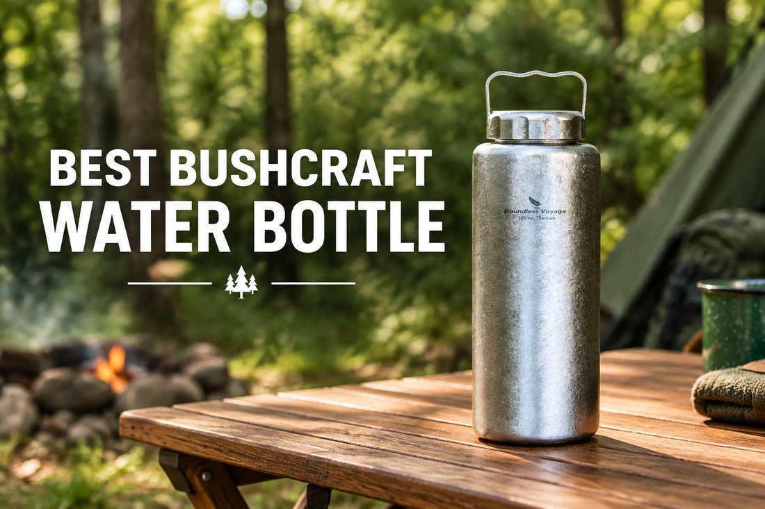 Titanium bushcraft water bottle on a wooden camp table in a forest