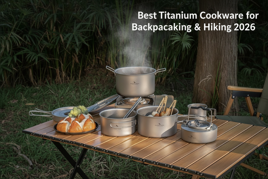 Boundless Voyage titanium camping cookware set displayed on a wooden outdoor table in a forest setting