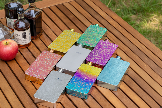 Sandblasted vs crystallized titanium camping flasks comparison with colorful crystal finishes