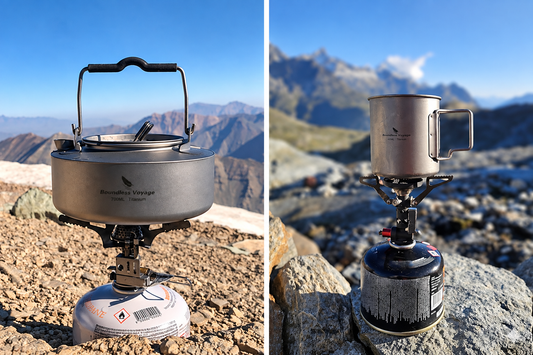 Boundless Voyage titanium camping kettle and titanium cup on camping stoves in the mountains