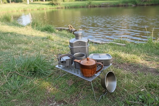 Ultralight titanium camping kitchen gear setup on folding table by the lake