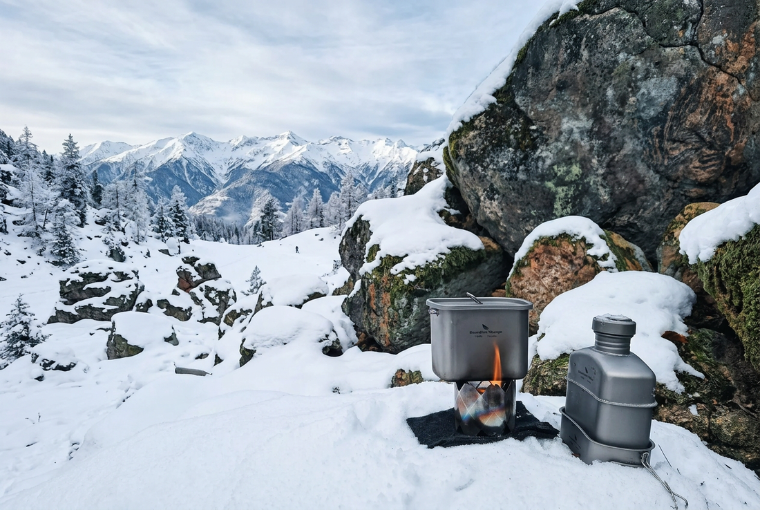 Winter camping hydration setup with Boundless Voyage titanium water bottle and stove in the snow