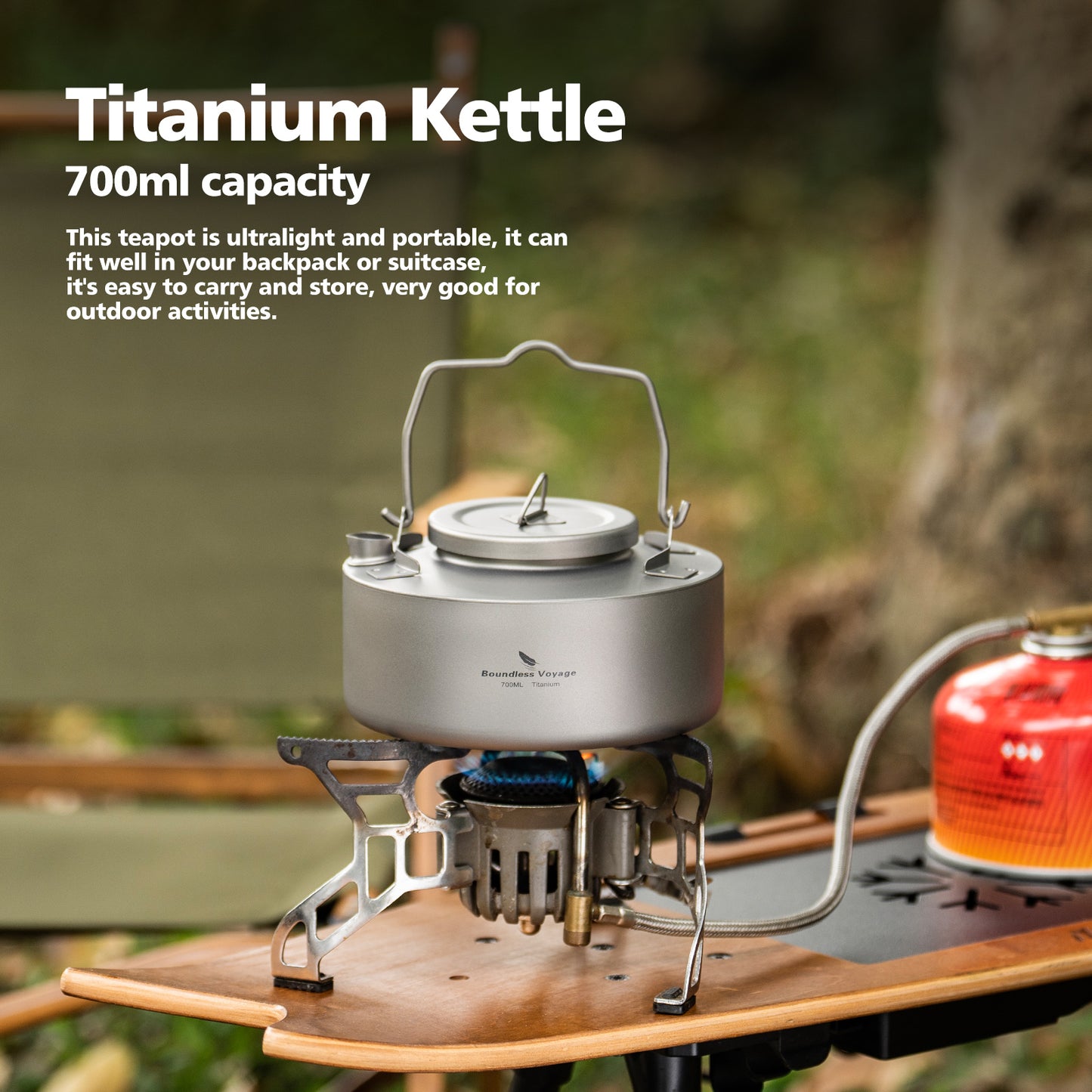 Boundless Voyage 700ml Ultralight Titanium Camping Kettle with Foldable Handle, Single-Layer Open Fire Bushcraft Water Pot Ti3103D / Ti3104D