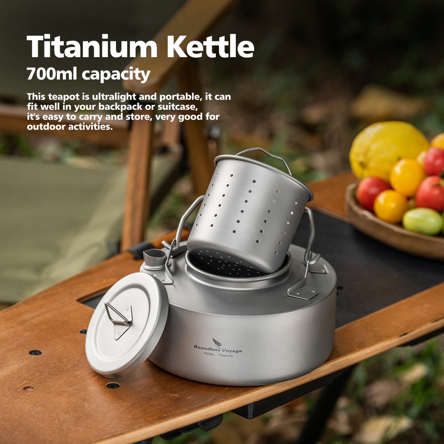 Boundless Voyage 700ml Ultralight Titanium Camping Kettle with Foldable Handle, Single-Layer Open Fire Bushcraft Water Pot Ti3103D / Ti3104D