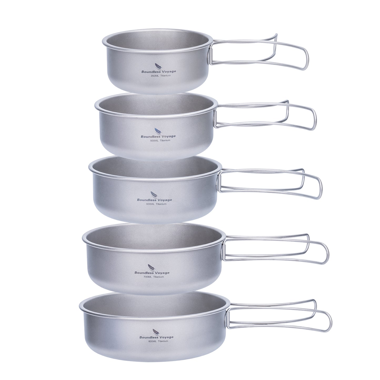 Boundless Voyage 5Pcs Pure Titanium Bowl Set with Foldable Handles, Portable Outdoor Camping Tableware Plates Dishes, 350/500/600/700/800ml Ti1096T