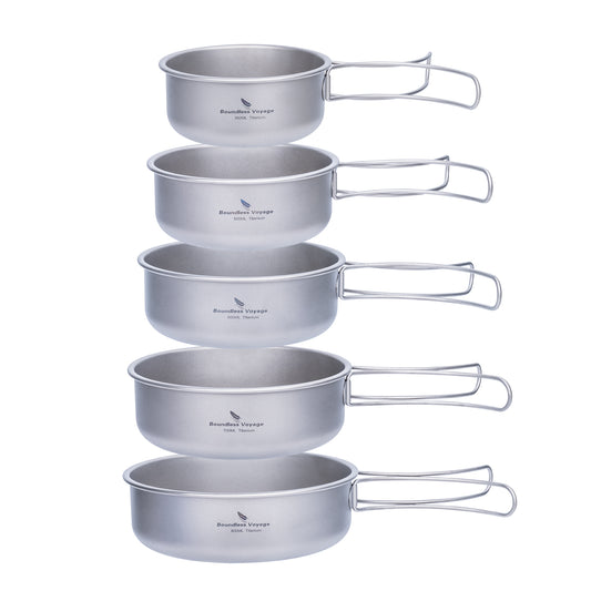 Boundless Voyage 5Pcs Pure Titanium Bowl Set with Foldable Handles, Portable Outdoor Camping Tableware Plates Dishes, 350/500/600/700/800ml Ti1096T