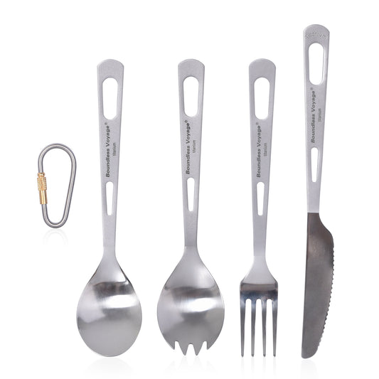 Boundless Voyage 4‑Pcs Titanium Cutlery Set Including Spork, Spoon, Fork and Dinner Knife,&nbsp; Ideal for Steak, Salad, Noodles and Curry, Portable Tableware Kit for Outdoor Travel, Office, School and Household Use Ti1052T