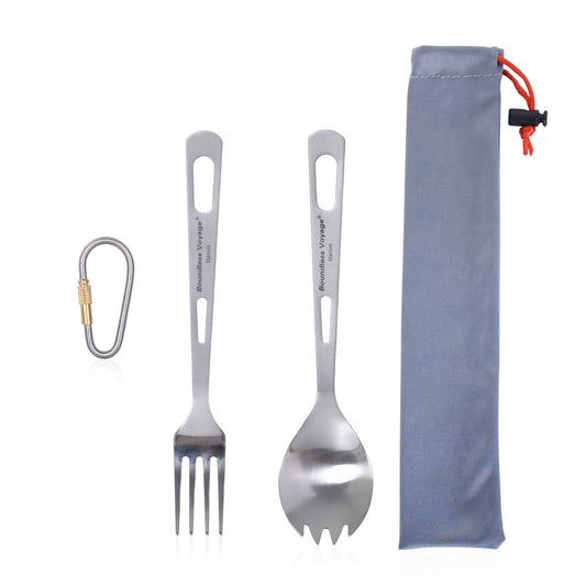 Boundless Voyage 2‑Pcs Titanium Spork and Fork Set with Polished Heads & Matte‑Finished Handles, Ideal for Salad, Noodles, Curry, Portable Cutlery Kit for Outdoor Travel, Office, School and Household Use Ti1045T