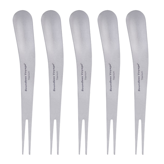 Boundless Voyage Titanium Dual-Use Fork Spoon Set, 5 Pieces Ultralight 5.6g Per Spoon-Fork, Portable Camping Cutlery Kit with Drawstring Bag for Fruit, Coffee, Ice Cream & Outdoor Travel Ti1126T